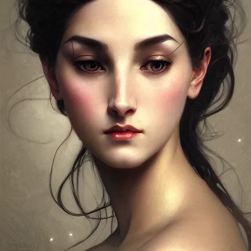 Prompt: portrait of dark goddess, intricate, elegant, highly detailed, digital painting, artstation, concept art, smooth, sharp focus, illustration, art by artgerm and greg rutkowski and alphonse mucha and william - adolphe bouguereau