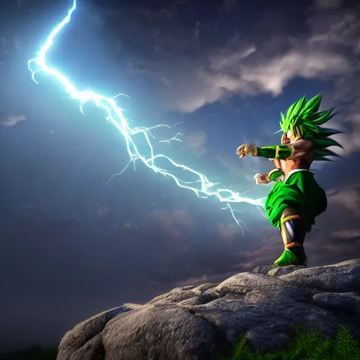 Prompt: photorealistic full shot of Broly at moonlight, lightning bolt, by Akira Toriyama, high detail, unreal engine 4k volumetric light, fog,