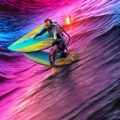 Image similar to surfing on multicolor waves, digital art, cosmic, 3 d high definition, trending on art station, photorealistic, high resolution, v 8 k, octane, hyper detailed, insane details, intricate, elite, ornate, elegant trend, highly detailed and intricate, sharp focus, photography, unreal engine