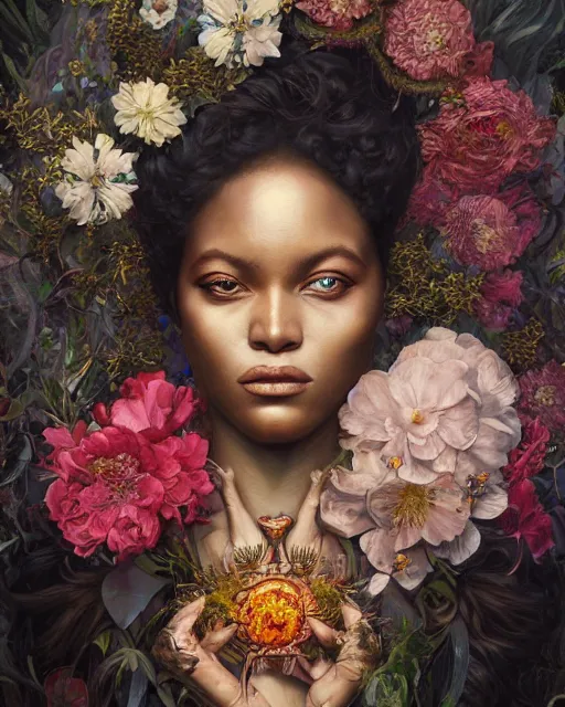 Image similar to portrait of the african queen of the underworld, surrounded by flowers by karol bak, james jean, tom bagshaw, rococo, sharp focus, trending on artstation, cinematic lighting, hyper realism, octane render, 8 k, hyper detailed.