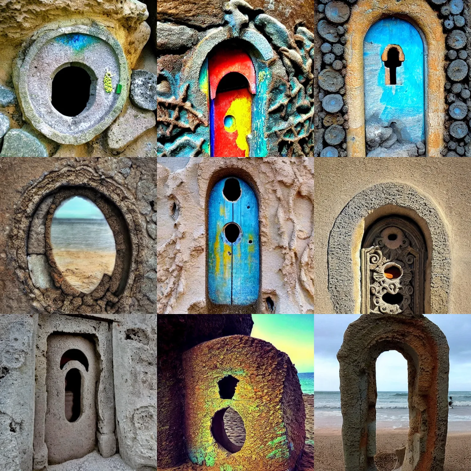 Prompt: A door in the shape of a keyhole in a stone at the beach, intricate details, eerie, highly detailed, colorful