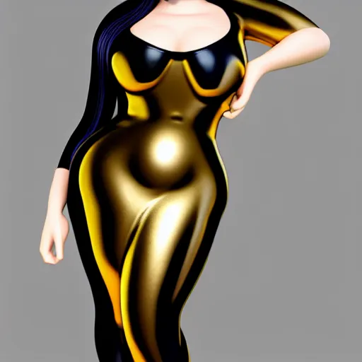 Prompt: a curvy pale hot young goth woman wearing an elegant modest tight shiny gold-silver-black striped latex high-neck dress, cgsociety, photorealistic, sublime-cool-hyperadvanced-dark-amorous ambience, 16k, smooth, sharp focus, trending on ArtStation, volumetric lighting, fully clothed, thin waist