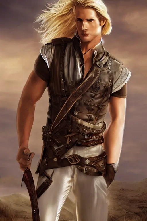 Image similar to a male ranger, dnd, with a leather vest and white linen pants, long swept back blond hair, chiseled good looks, romance novel cover, digital art
