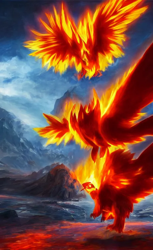 Image similar to moltres pokemon playing as master chief, oil on canvas, intricate, 8 k highly professionally detailed, hdr, cgsociety