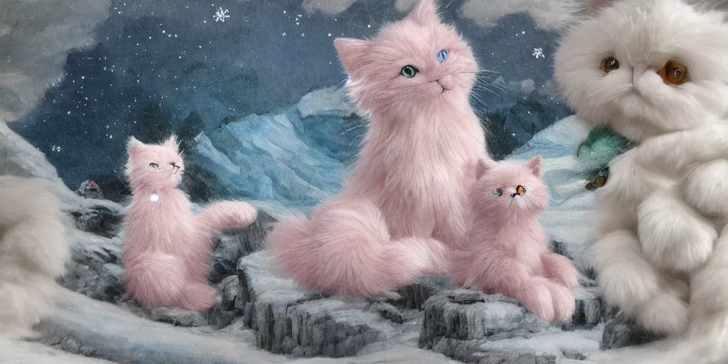 Prompt: 3 d precious moments plush cat with realistic fur and an blue / white / gray / green / pink / tan / mid pink / blue gray color scheme, snowy mountain landscape, master painter and art style of john william waterhouse and caspar david friedrich and philipp otto runge