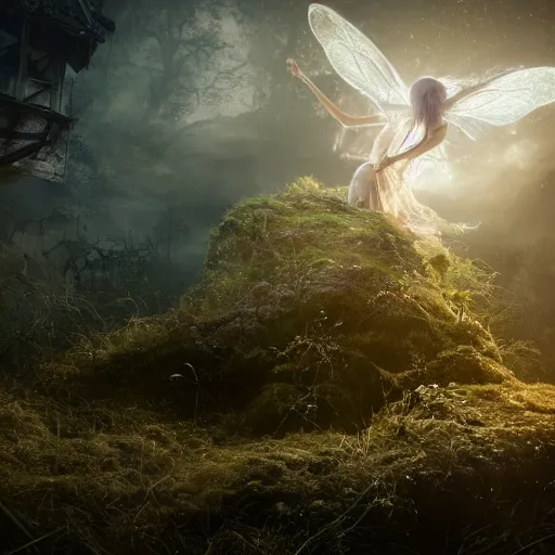 Image similar to full body pose, hyperrealistic photograph of a fairy apocalypse, dim volumetric lighting, 8 k, octane beautifully detailed render, extremely hyper detailed, intricate, epic composition, cinematic lighting, masterpiece, trending on artstation, very very detailed, stunning, hdr, smooth, sharp focus, high resolution, award, winning photo, dslr, 5 0 mm