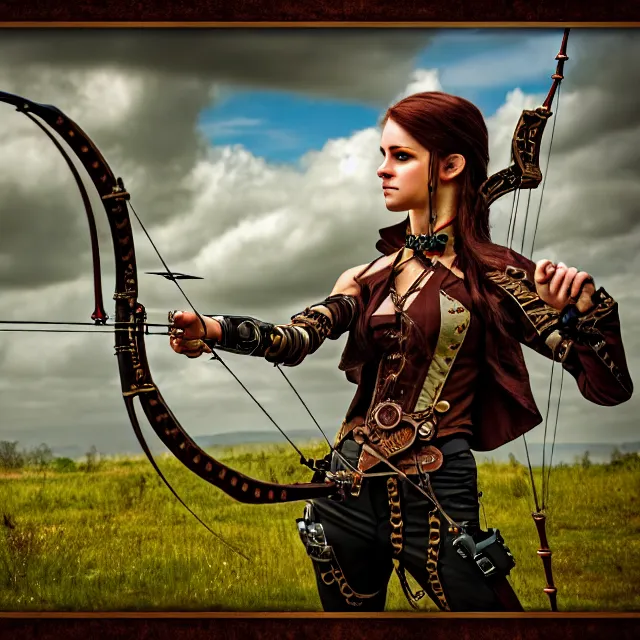 Image similar to steampunk archer, 4 k, hdr, smooth, sharp focus, high resolution, award - winning photo, anne stokes, photorealistic