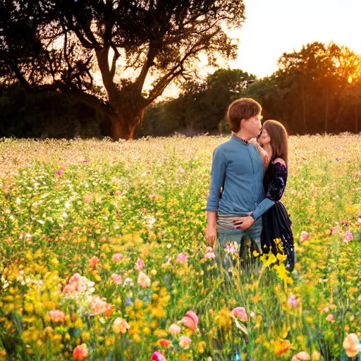 Image similar to a young couple holding hands in a field of flowers at sunset