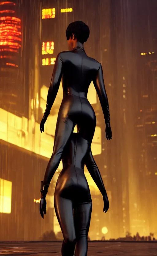 Prompt: a beautiful Black woman wearing a leather catsuit, standing with her back to us, in a futuristic blade runner city, unreal engine, artstation