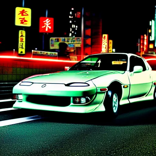 Prompt: a car Mazda RX7 in middle of road, gunma prefecture, night city, cinematic color, photorealistic, highly detailed