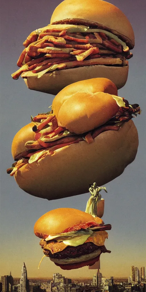 Prompt: an enormous, overwhelming ominous statue of a deluxe cheeseburger, in the style of Rockwell and Beksinski