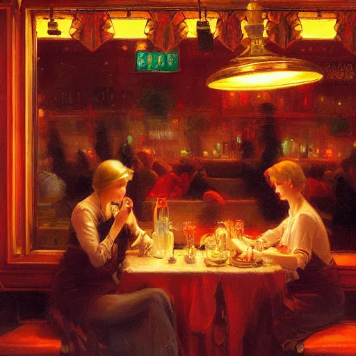 Image similar to The bustling restaurant by Delphin Enjolras and WLOP