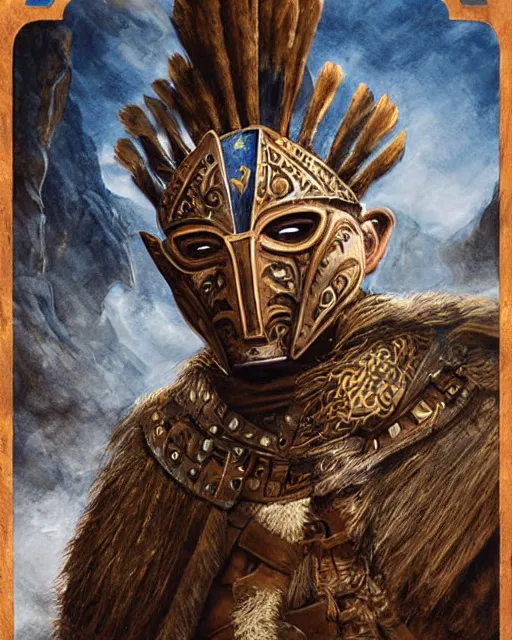 Image similar to digital painting of masked incan warrior, by filipe pagliuso and justin gerard, symmetric, fantasy, highly detailed, realistic, intricate, portrait, sharp focus, tarot card, face, handsome, peruvian, ax