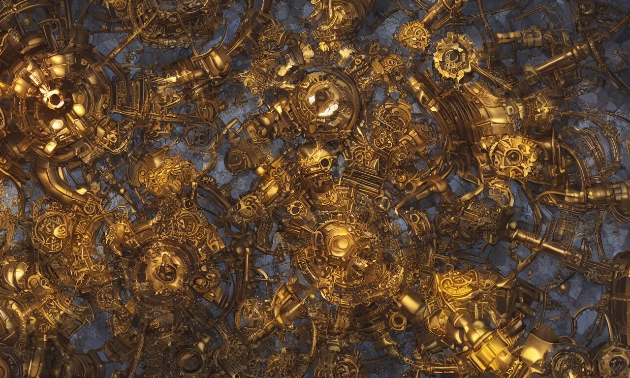 Image similar to steampunk engine laboratory 3 d volume kaleidoscope fractal voronoi metal chakra digital color stylized concept substance natural color scheme, global illumination ray tracing hdr fanart arstation by sung choi and eric pfeiffer and gabriel garza and casper konefal
