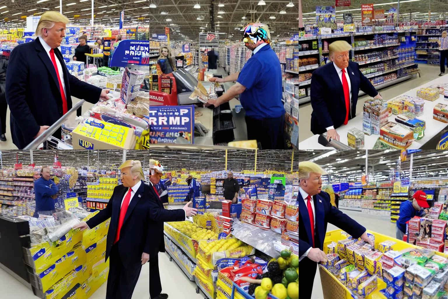 Prompt: Donald trump working the counter at walmart