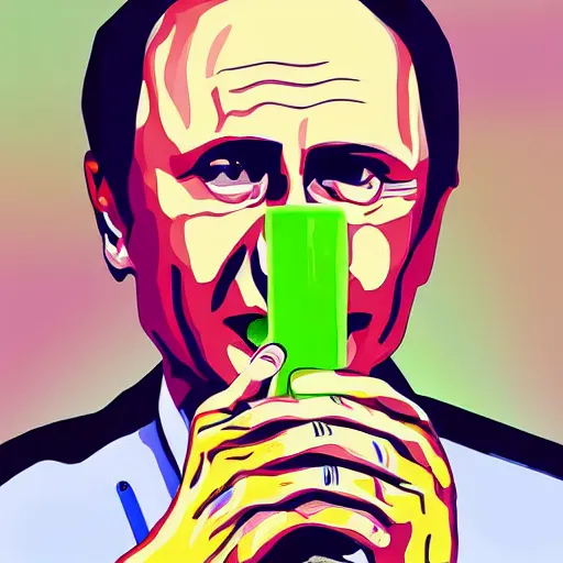 Image similar to a person looking like vladimir putin eating piccolo with sponch bob, digital painting