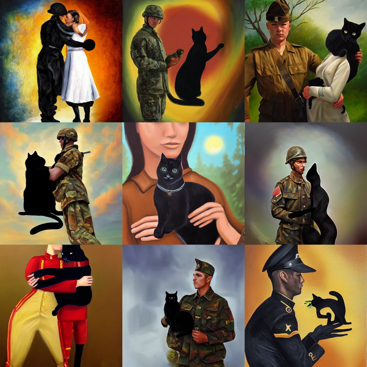 Prompt: oil painting soldier, saying sorry, to a beautiful woman, holding a black cat, ethereal, digital art