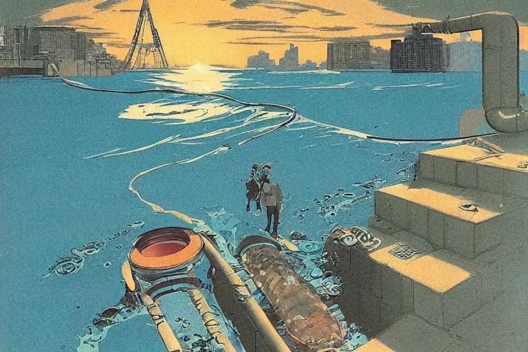 Image similar to 1 9 7 9 omni cover of a sewer pipe near spewing fish and trash near a seawall in tokyo. art in cyberpunk style by dali, and vincent di fate