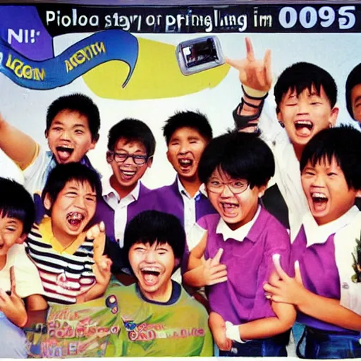 Image similar to a 1 9 9 0 s singaporean public education poster with students laughing at the camera