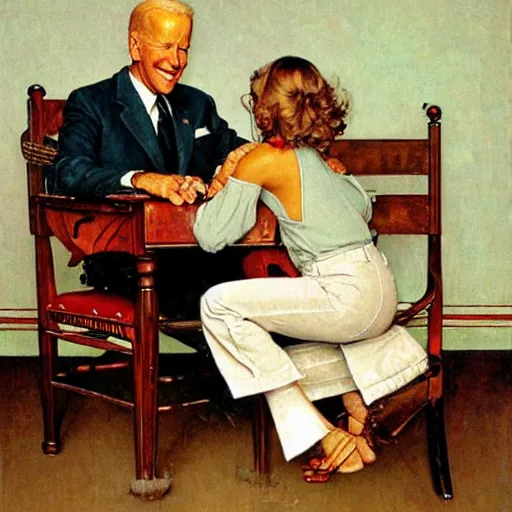 Image similar to a portrait painting by Norman Rockwell of Joe Biden sitting in a chair. Cozy fire. Legs crossed