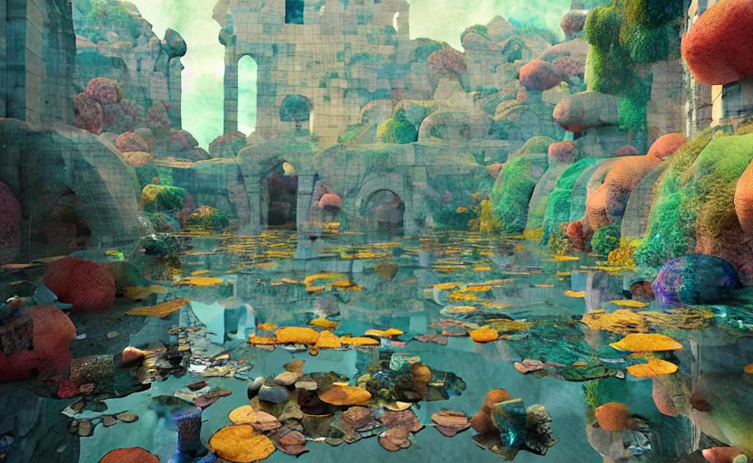 Image similar to tiled room squared waterway, aqueducts, fantasy. intricate, amazing composition, colorful watercolor, by ruan jia, by maxfield parrish, by marc simonetti, by hikari shimoda, by robert hubert, by zhang kechun, illustration, gloomy