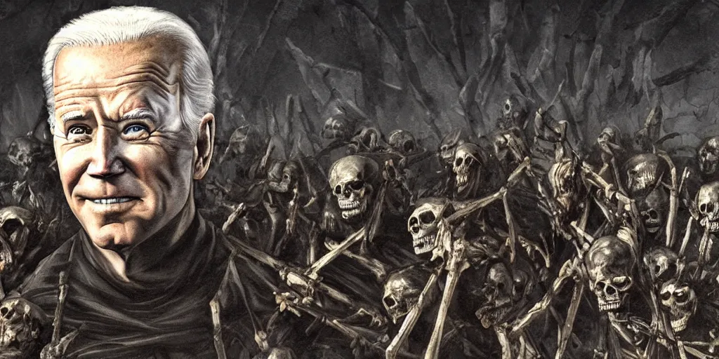 Image similar to biden in dante's inferno painting, crows, skeletons, crosses, dark beauty, rotten gold, perfect faces, extremely detailed, cinema 4 d, unreal engine.