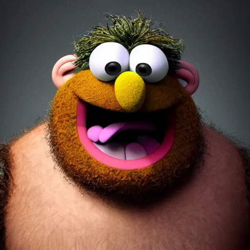 Image similar to a still of a forgotten muppet character looking very manly and modern, hilarious, laughing, hairy chest, huge chin, manly monster tough guy, roughled fur, photo real, photographic, photograph, artstation, trending, featured