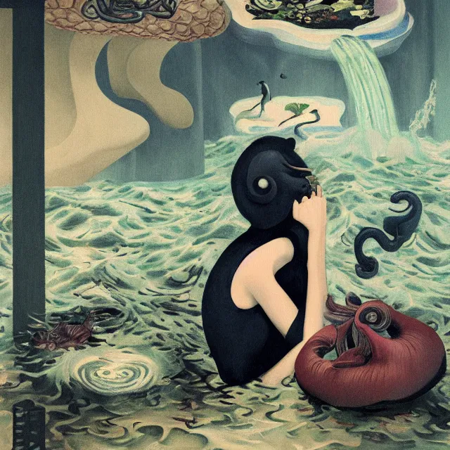 Image similar to tall emo female artist holding a nautilus in her flooded kitchen, pomegranates, octopus, water gushing from ceiling, painting of flood waters inside an artist's apartment, a river flooding indoors, ikebana, zen, rapids, waterfall, black swans, canoe, berries, acrylic on canvas, surrealist, by magritte and monet