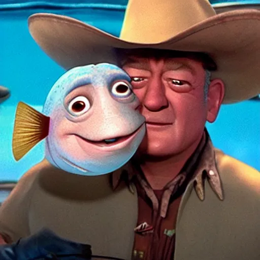 Image similar to John Wayne as a fish in a Pixar movie,