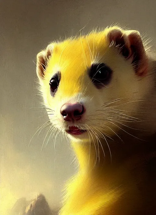 Prompt: a beautiful closeup shot from a fantasy film of a ferret with golden eyes. an animal with yellow eyes. portrait. joseph ducreux, greg rutkowski.