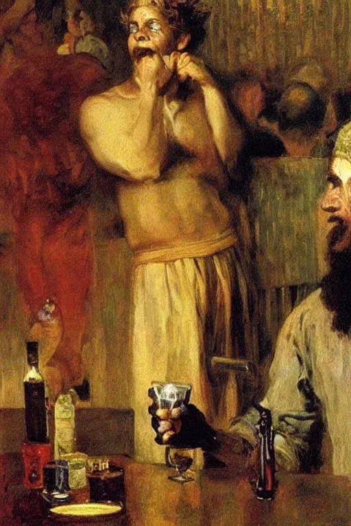 Image similar to lucifer drinking in a modern pub. art by ilya repin.