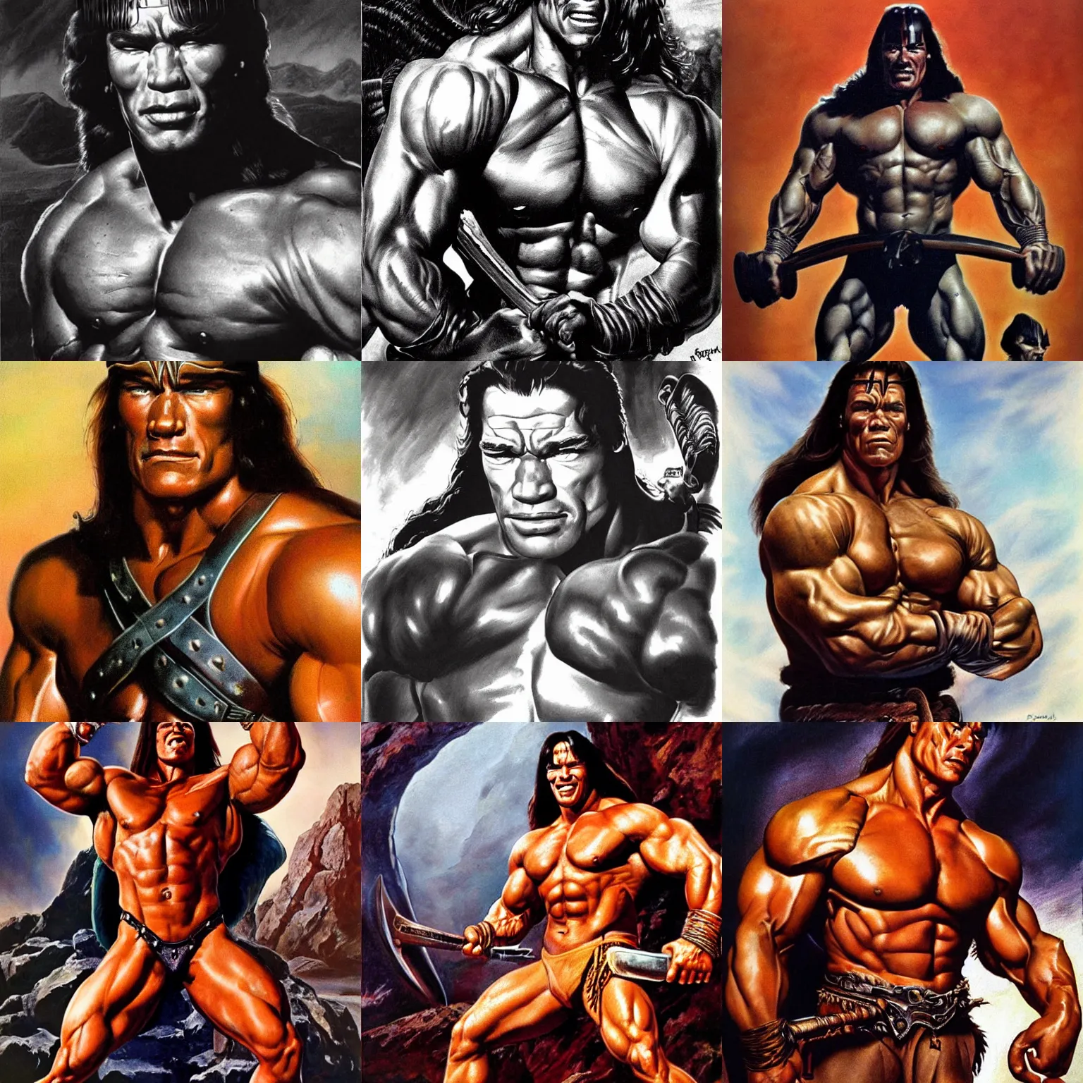 Prompt: portrait of arnold schwarzenegger is conan the barbarian by boris vallejo, frank frazetta