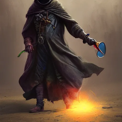 Prompt: wizard plague doctor, Casting a multi colored spell, highly detailed, concept art,, D&D, Fantasy, Digital Painting, sharp focus, dynamic, lighting, 4k, by Viktor Antonov and Greg Rutkowski