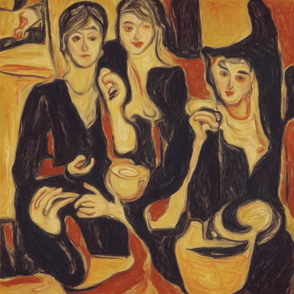 Prompt: two women drinking coffee, oil on canvas, detailed, artwork by edvard munch