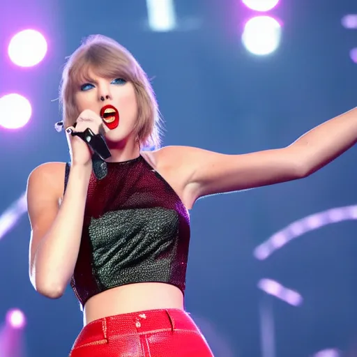 Image similar to photograph of Taylor Swift performing on stage, wearing a crop top, highly detailed, 8k