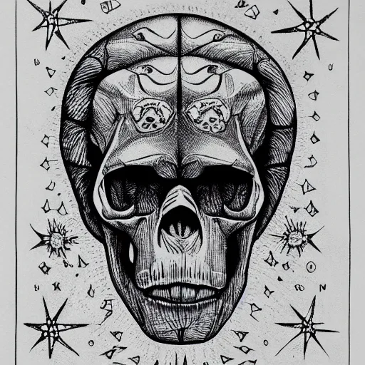 Image similar to a humanoid chimp skull hovering over a star pattern, 2 handguns are crossing in the middle of the picture ultra detailed, fine line pen drawing on parchment, symmetrical, stylish