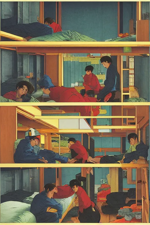 Image similar to workers exploited, living in hostels with bunk beds stacked on top of one another, by kawase hasui, moebius and edward hopper, colorful flat surreal design, hd, 8 k, artstation