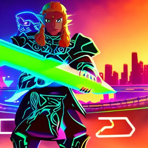 Image similar to Ganondorf in the style of Tron Legacy with glowing neon battle armor, wielding a lage neon fantasy greatsword, tron style city in the background, digital art