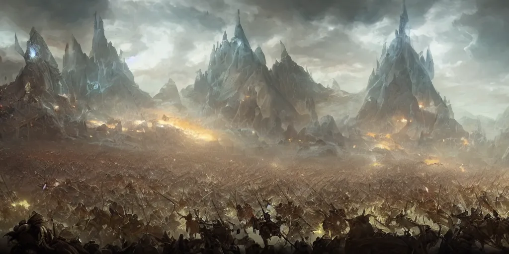 Prompt: Medieval fantasy battlefield with two massive armies charging, thoushands of wariors, wide shot, from afar, high detail, epic, cinematic, matte painting, detailed, 4k, style of peter mohrbacher
