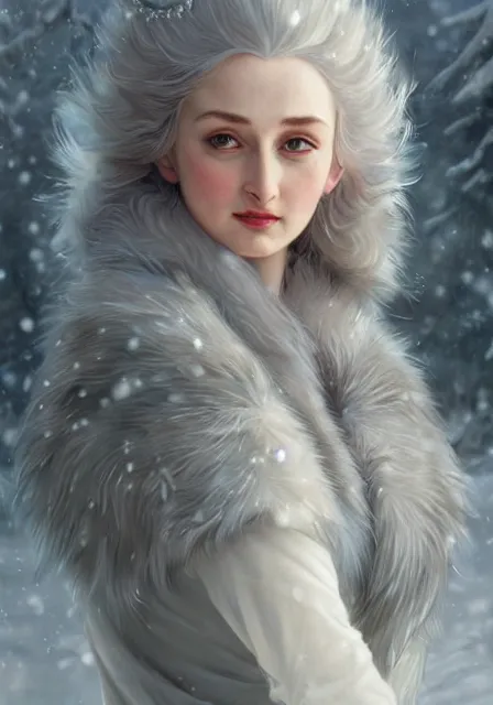 Image similar to sansa snow queen furry ice cold winter, intricate, elegant, highly detailed, digital painting, artstation, concept art, smooth, sharp focus, illustration, art by artgerm and greg rutkowski and alphonse mucha and william - adolphe bouguereau