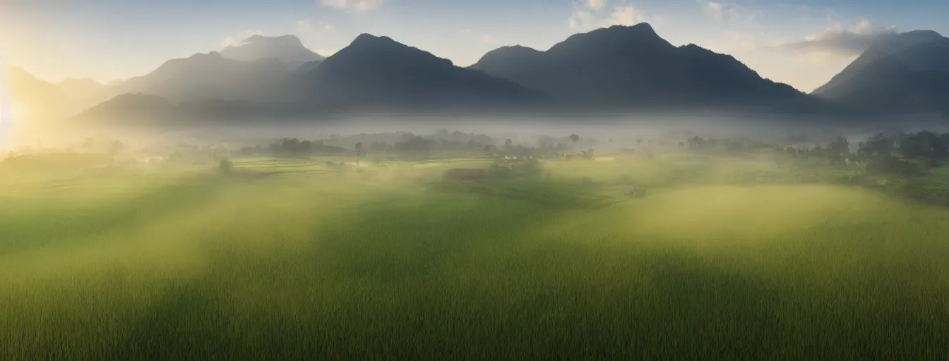 Image similar to Photo of paddy field of Baling with several village and rolling mountain at the background, wide angle, volumetric light, fog, mist, morning, hyperdetailed, light water, artstation, cgsociety, 8k