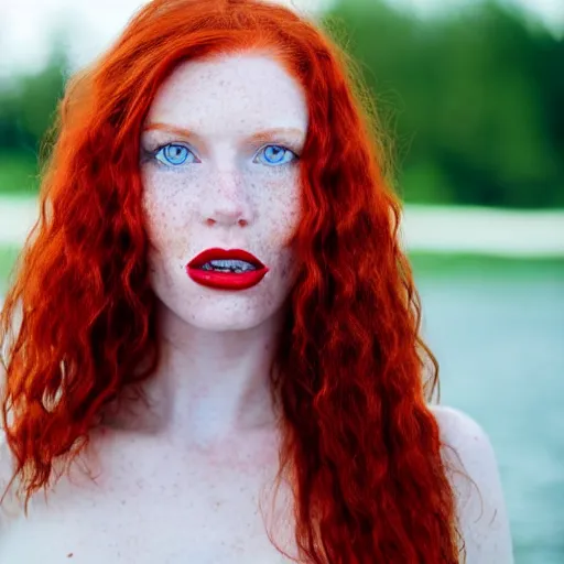 Image similar to Close up photo of the left side of the head of a redhead woman with gorgeous blue eyes and wavy long red hair, red detailed lips and freckles who looks directly at the camera. Slightly open mouth. Whole head visible and covers half of the frame, with a park visible in the background. 135mm nikon.