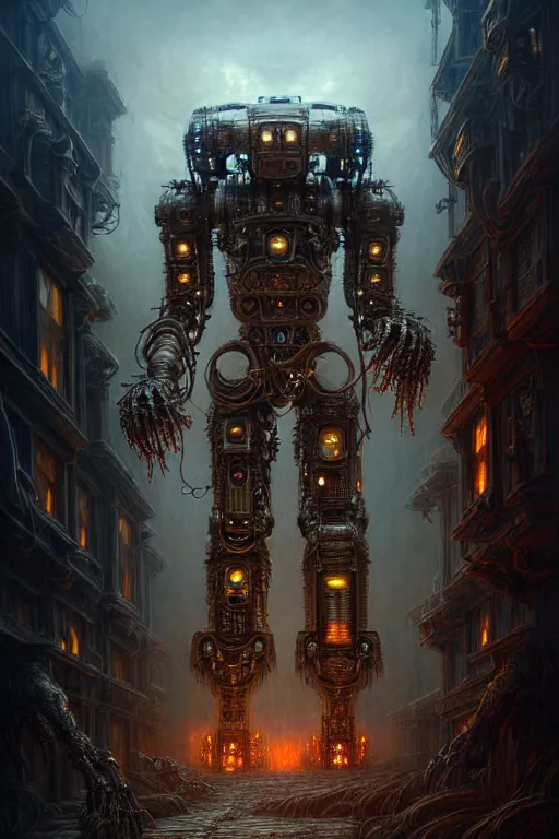 Image similar to A photorealistic 3d render of a robot monster cyborg made of circuits wide view shot by ellen jewett , tomasz alen kopera and Justin Gerard symmetrical features, ominous, magical realism, texture, intricate, ornate, royally decorated, android format, windows, many doors, roofs, complete house , whirling smoke, embers, red adornments, red torn fabric, radiant colors, fantasy, trending on artstation, volumetric lighting, micro details, 3d sculpture, ray tracing, 8k