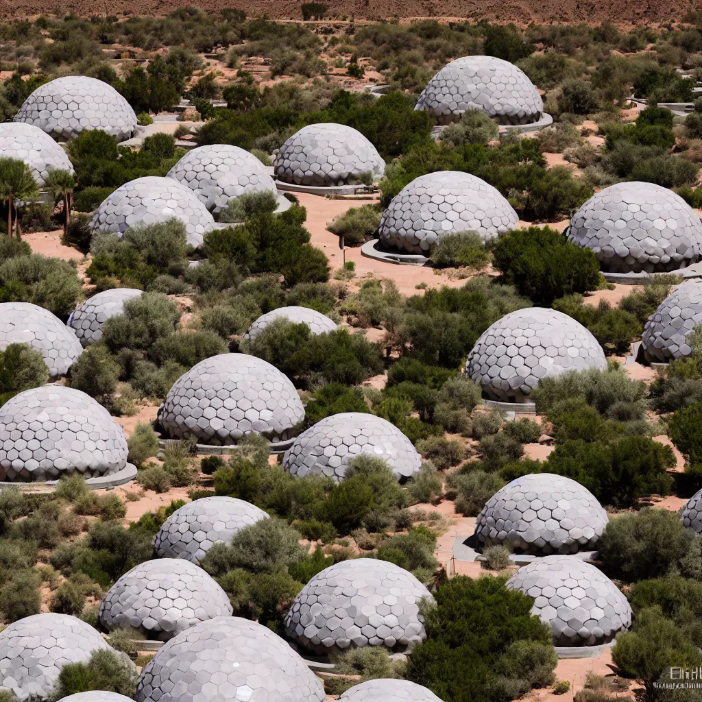 Prompt: futuristic adobe housing domes in a permaculture biosphere, ceramic pastel earthships with hexagonal surface texture, biophillic architecture, urban planning, terraformation park, closed ecosystem, in the middle of the desert, with a miniature indoor lake, XF IQ4, 150MP, 50mm, F1.4, ISO 200, 1/160s, natural light at sunset with outdoor led strip lighting