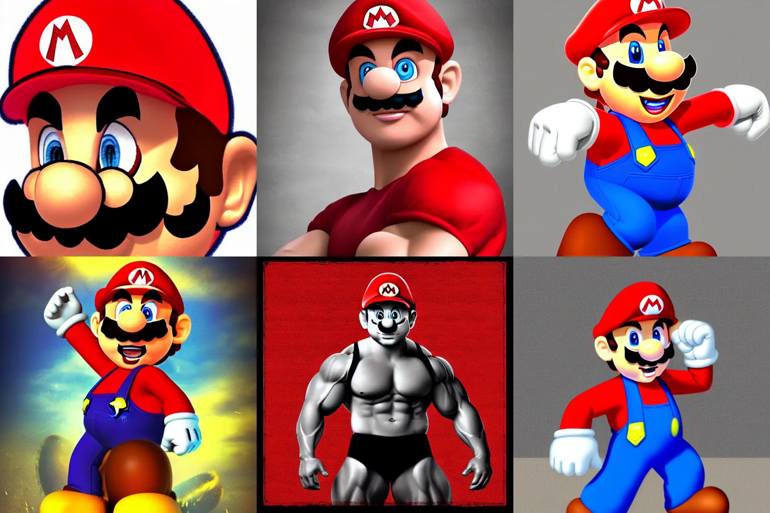 Prompt: super Mario with his red cap on flexing bodybuilder muscles Mr universe digital art