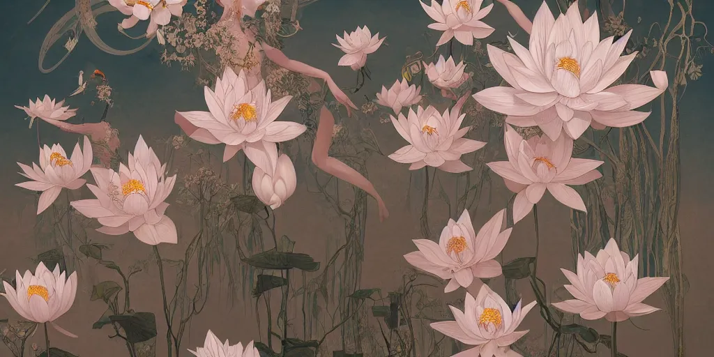 Image similar to breathtaking detailed concept art painting art deco pattern of blonde faces goddesses amalmation lotus flowers with anxious piercing eyes and blend of flowers and birds, by hsiao - ron cheng and john james audubon, bizarre compositions, exquisite detail, extremely moody lighting, 8 k