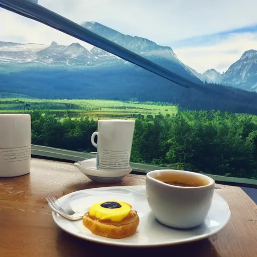 Prompt: beautiful breakfast with mountain view and laptop