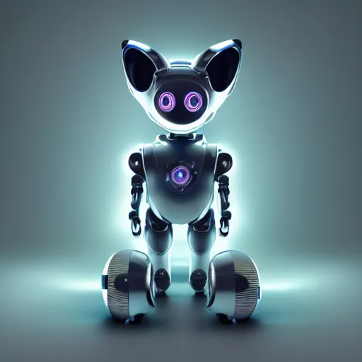 Image similar to product photo of a futuristic stylized pet robot, kitten puppy teddy mix, cute robot face, kindchenschema, large ears, large tail, by artgerm and greg rutkowski and marc newson, alphonse mucha, zaha hadid, side view, volumetric light, detailed, octane render, midsommar - t