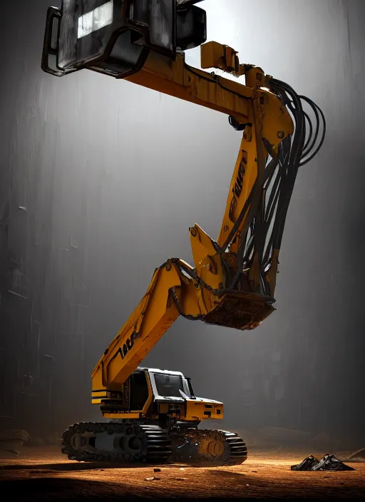 Image similar to a photorealistic dramatic hyperrealistic render of a futuristic exosuit power excavator heavy machinery, ultra realistic details, glossy yellow, well worn, rust, oil stains by vitaly bulgarov and mike nash, beautiful dramatic dark moody tones and lighting, cinematic atmosphere, studio lighting, global illumination, shadows, dark background, octane render, 8 k