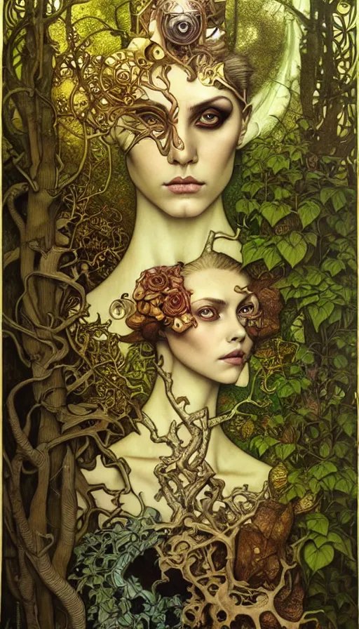 Image similar to M. C. Escher time machine, lush forest painted by tom bagshaw, mobius, mucha M. C. Escher, gold paint, ink, gnarly details